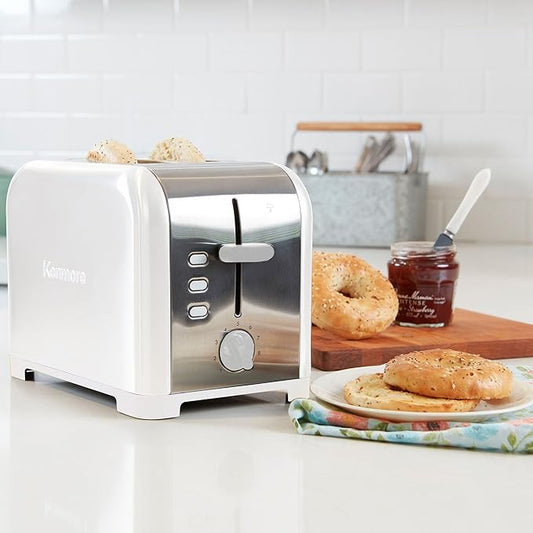Kenmore toaster 2 slice - extra wide slot countertop kitchen appliance, defrost function, tostador de pan, 9 shade settings, easy clean crumb tray, bread bagel, stainless steel & White