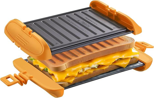 Microwave Sandwich Maker, Microwave Toastie Maker, Snack Maker & Panini Press, Microwavable Metal, Removable Non-Stick Plates Silicone Microwavable Cookware, Dishwasher Safe, Orange