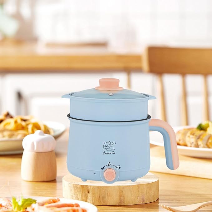 Mini Hot Pot 1.8L Ramen Cooker Multipurpose Cookware Cooking Pot Non Stick Portable Electric Pot Noodles Pot for Noodles Eggs, Pot and PP Steamer