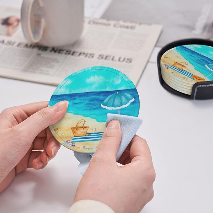 Summer Beach Leather Drink Coasters Set of 6 with Holder Ocean Scene Print Round Cup Coaster for Table Decor