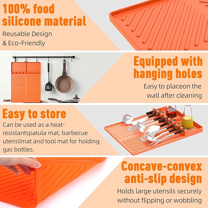 Silicone Grill Mat Compatible with Blackstone, BBQ Griddle Tools Mat with Drip Pad, Spatula Mat for Outdoor Kitchen Counter, Gifts for Men (Orange)