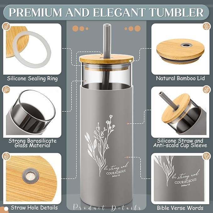 Inspirational Gifts Bulk 16 oz Glass Cups Aesthetic Can Shaped Coffee Cups with Bamboo Lid Straw Employee Appreciation Gifts for Women Teacher Nurse Office Business Favor(Christian)