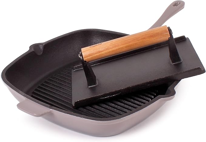 Berghoff Neo 2Pc Enameled Cast Iron Grill Set, Grill Pan 11 inches, Bacon/Steak Press 8 inches, Fast, Evenly Heat, Oven safe (Oyster)