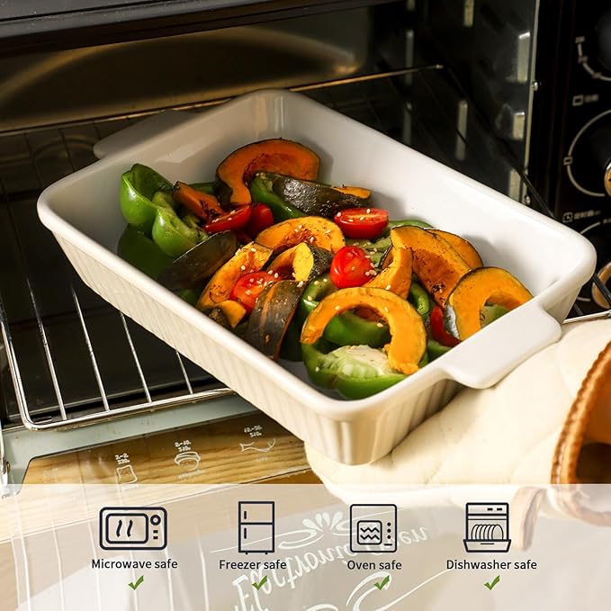 Hasense Casserole Dish, 9 x 13 Inches Ceramic Baking Dish, Extra Deep Lasagna Pans for Oven, Rectangular Bakeware with Handles, Wedding Housewarming Gifts, 15 x 9.2 x 3.1 Inches, White