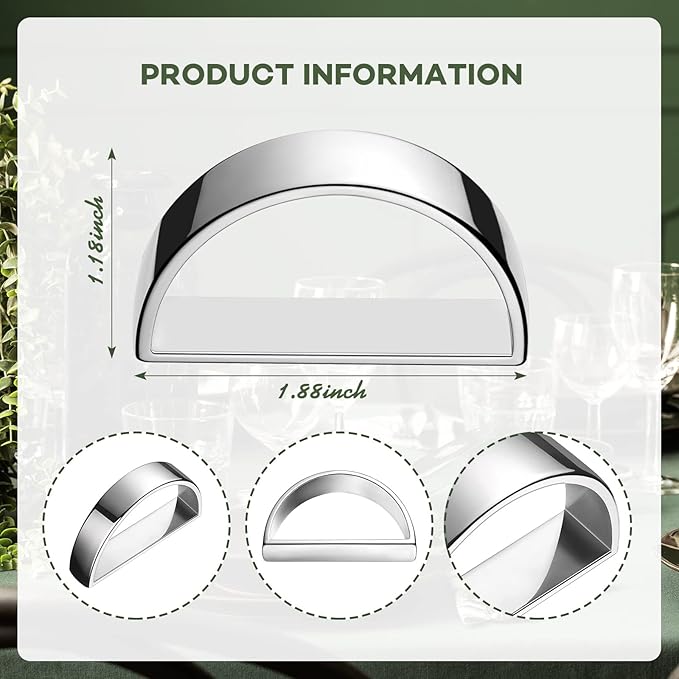8 Pcs Stainless Steel Napkin Rings Metal Napkin Ring Holders Easter Modern Serviette Buckles Metallic Adornment for Spring Table Kitchen Dinner Party Wedding(Bright Silver Semicircle)