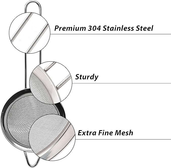 Makerstep 304 Stainless Steel Fine Mesh Strainers for Kitchen. Food Strainer Tea Strainer Coffee Strainer with Long Handle. 3.3 Inch