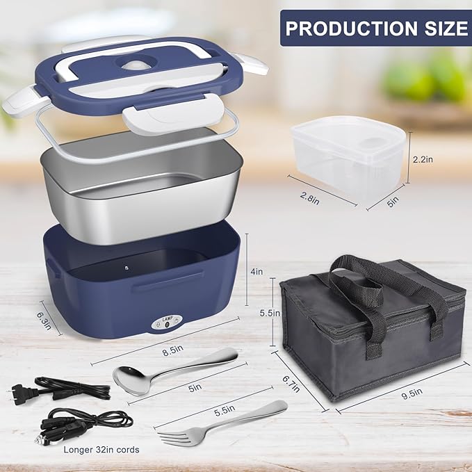 Electric Lunch Box Food Heater - 3 in 1 Portable Leakproof Heated Lunch Box for Car/Home/Adults with 1.5L Removable 304 Stainless Steel Container, Max 80W, 12V/24V/110V (DarkBlue)
