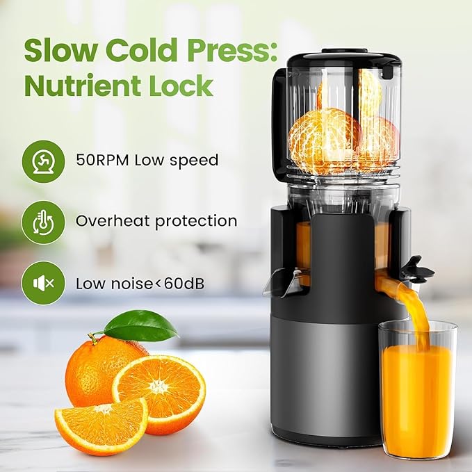 Cold Press Juicer, Juicer Machines 5.3"Wide Feed Chute for Whole Fruits & Vegetables, Electric Juicer of Pulp Separation with 99% High Juice Yield, Preserves Nutrients, Easy to Clean, BPA Free