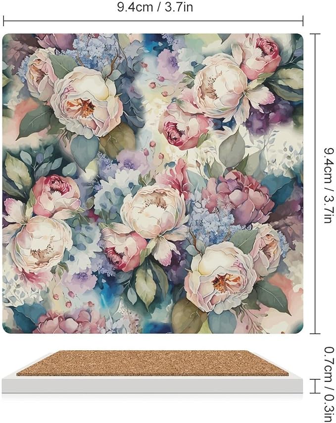 Square-6PCS Floral Drink Coasters, Square Modern Ceramic Absorbent Coasters, Watercolour Abstract Nature Plant Floral Colorful Wildflower Decor Desk Coffee Table Coaster for Beverage Cup Tea Coasters