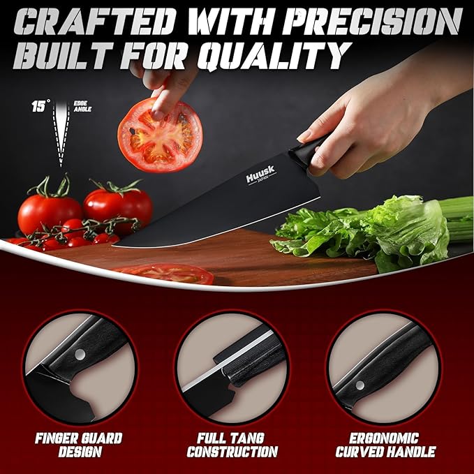 Huusk Japanese Chef Knife for Kitchen - 8in Stainless Kitchen Knife with Black Titanium Coating, All Purpose Cooking Knives for Vegetable & Meat Cutting, Ultra Sharp Gyuto Knives, Men's Christmas Gift