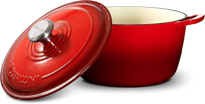 ROSSALLINI Signature Enameled Cast Iron Dutch Oven, Non-Stick Serving Pot with Tight Fitting Lid for Perfect Roasting, Baking, Sauteing, and Bread Making | 3.5Q (3.3L) - Red