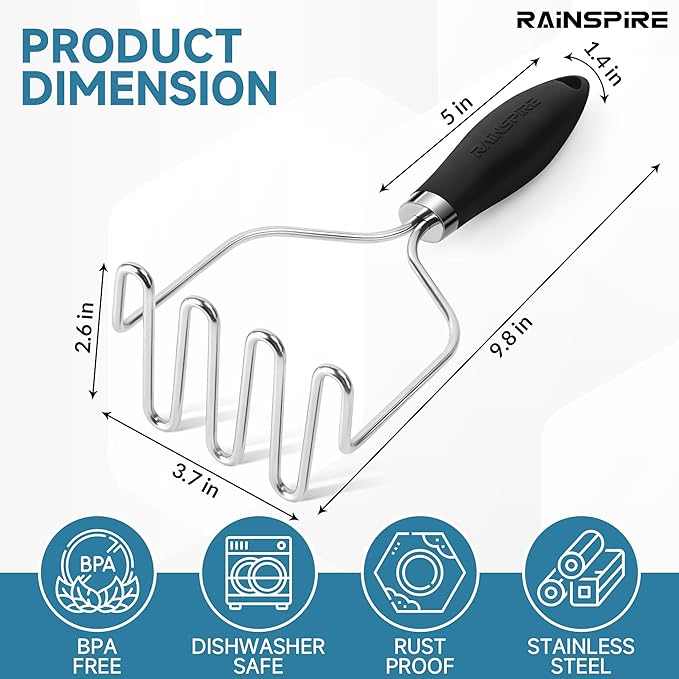 Rainspire Potato Masher Stainless Steel, Mashed Potato Masher Kitchen Tool, Durable Mash Potatoes Masher, Soft Non-slip Handle, Kitchen Utensils, Kitchen Gadgets (Black)