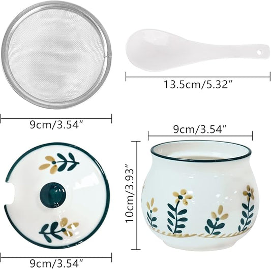 Koythin Ceramic Bacon Grease Container with Strainer, 23 oz Suitable for Storing Frying Oil and Cooking Grease (Floret)
