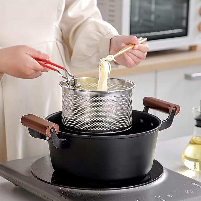 Pasta Strainer Set of 2, Stainless Steel Noodle strainer, 18cm with Removable Handle Metal Pasta Strainer Basket Deep Fryer Basket, Kitchen Colander for Washing Draining Deep-frying Boiling Steaming