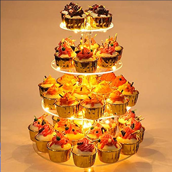 YestBuy 4 Tier Round Cupcake Stand, Cupcake Holder, 4 Tier Cupcake Tray, Acrylic Cake Tower Stand Display for Pastry + LED Light String, Ideal for Weddings, Birthday Parties (Yellow)