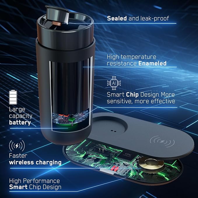 LEGARDLILIU Temperature Control Heated Coffee Mug Smart Self Heating Travel Mug 12 Oz App Controlled Warmer Mug 4-10 Hour LED Display Keep Coffee Hot Fast Wireless Charger Base Dull Black