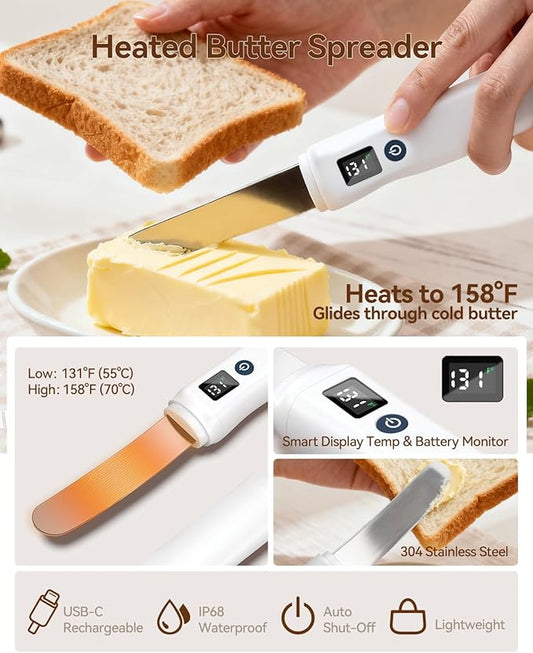Rocoren Heating Butter Knife, 304 Stainless Steel Cold Butter Spreader,Real-time Smart Display Temp & Battery,Dual Temp Modes for Cheeses,Preserves,Other Spreads with Ease,for Kitchen,Restaurant,Party