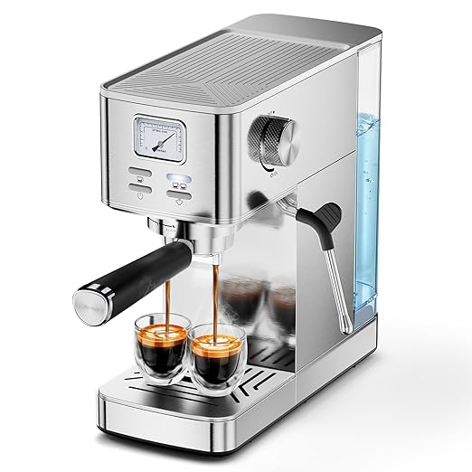 Espresso Machine 20 Bar, Compact Espresso Maker with Milk Frother, Visual Pressure Gauge, Commercial Coffee Machine with 47oz Removable Water Tank and Capsule Funnel, for Cappuccino, Latte