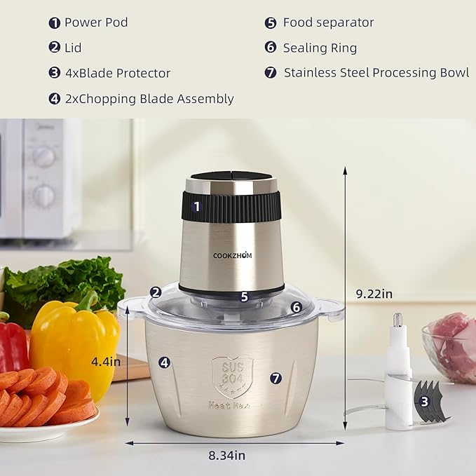 COOKZHOM Food Processor,Electric Food Chopper with 500W Stainless Steel Motor & 2 Sharp Blade Sets, 8-Cup Stainless Steel Bowl for Meat, Vegetables, Fruits and Nuts