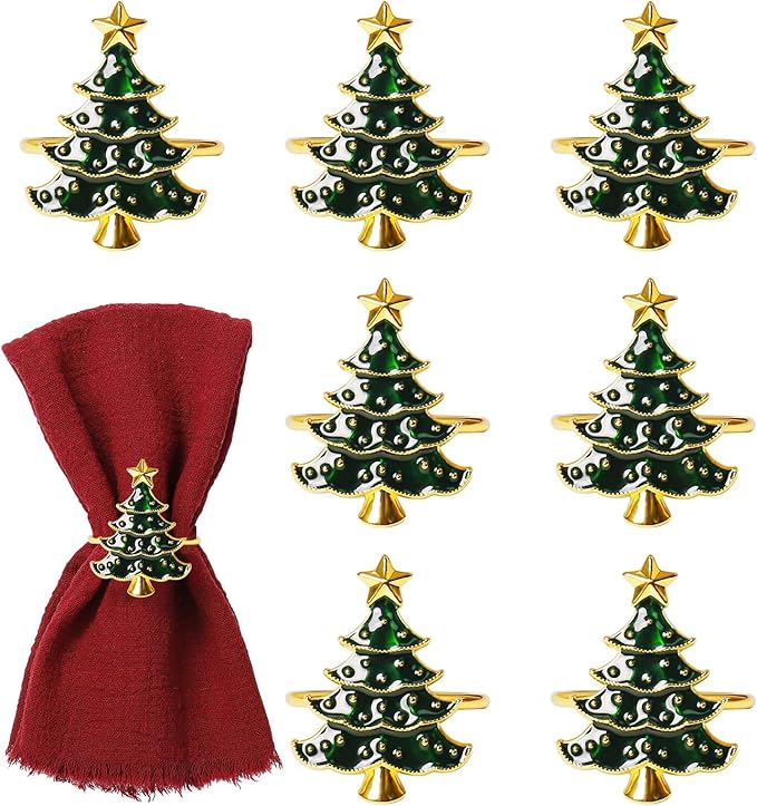 Christmas Napkin Rings Set of 8, Green Christmas Tree Metal Napkin Rings Holder Suitable for Christmas Thanksgiving Festival Holiday Table Dinner Decorations