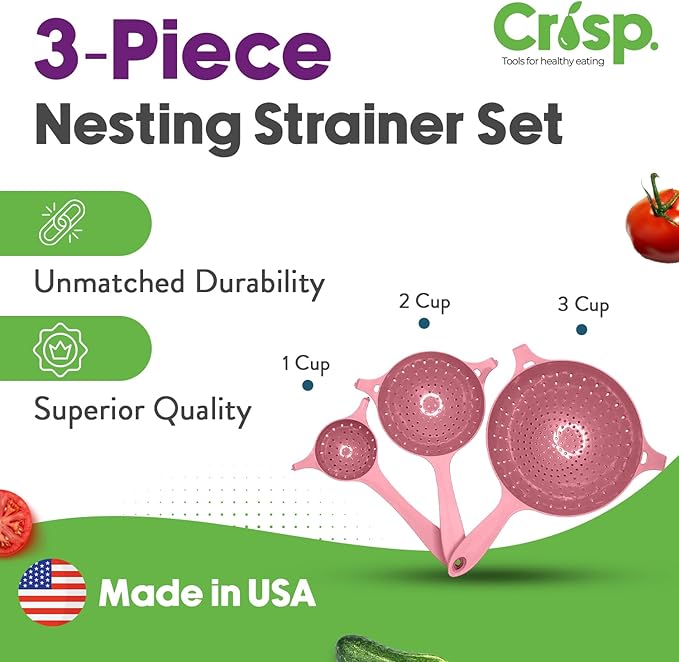 Crisp 3 Piece Nesting Strainer Set - Plastic, Durable Kitchenware, Dishwasher Safe - Made in the USA - Pink