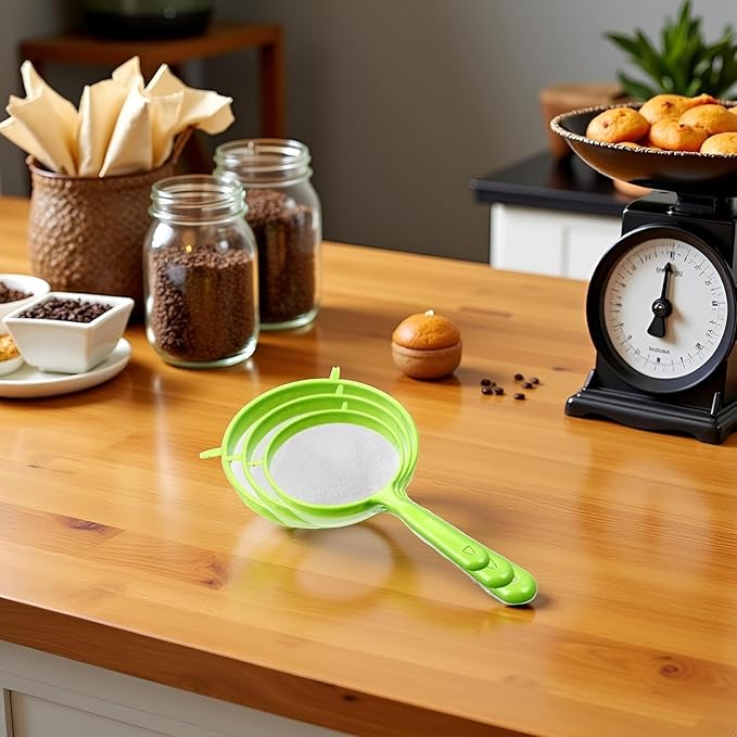 3 PCS/Set Flour Sifter with Long Handle, Plastic Hangable Flour Colander Powder Filter Strainer Fine Mesh Colander Coffee Filter Tea Strainer, Strainers and Colanders and Food Strainers（Green）