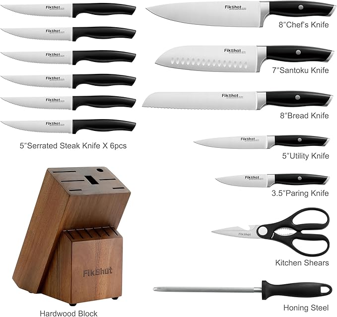 Knife Block Set, FIKSHOT Kitchen Knife Sets, High Carbon Stainless Steel Full Tang, Razor-Sharp Blade Rust Resistant, Professional Chef's Knives for Home Cooking (BLACK)