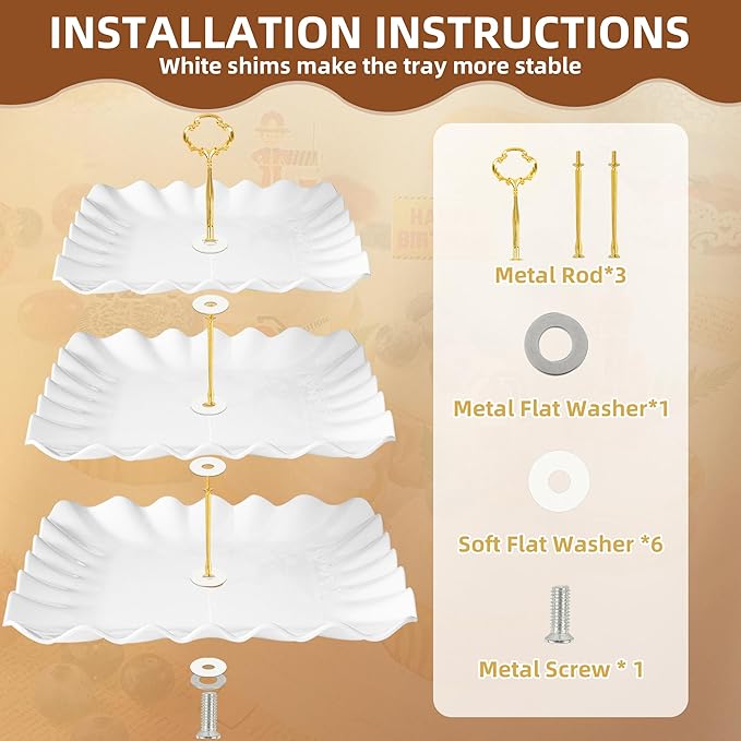 DIDROOM 10 Pack Dessert Table Display Set - 4 x Three-Tier Square Cupcake Stands and 6 x Serving Trays, Elegant Tableware for Cakes, Cupcakes, Pastries, and Snacks, Perfect for Parties (White)