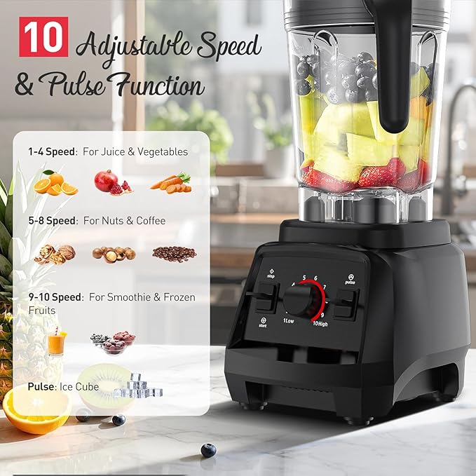 JUSANTE Smoothie Blender, 1800W Countertop Professional Blender Juicer for Kitchen Ice Crusher or Juice, Milkshake, Dessert (Black)