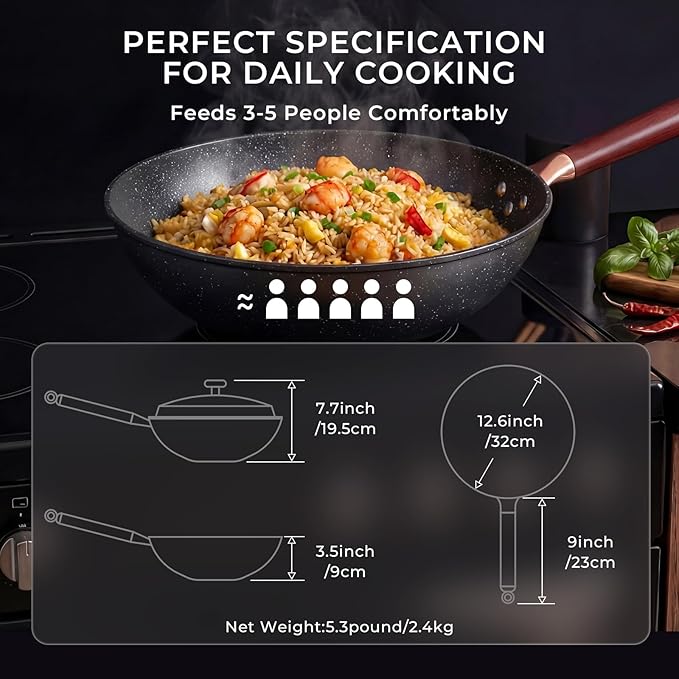 12.5-Inch Carbon Steel Wok Pan with Lid: Woks & Stir-Fry Pans Nonstick with Steamer for Cooking Pan Set, Large Deep Chinese Frying Saute Pan Wok Skillet, Induction Compatible, Stay-Cool Handle, Gifts