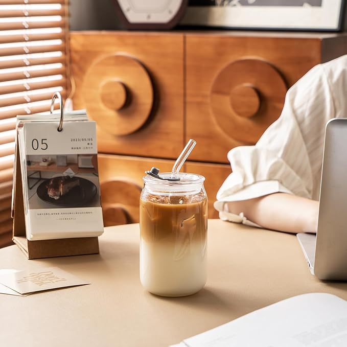 Leakproof Glass Cups with Plastic Lids and Straws, 16oz Iced Coffee Cup, Drinking Glasses Tumbler for Water, Boba Tea, Smoothie - 8pcs
