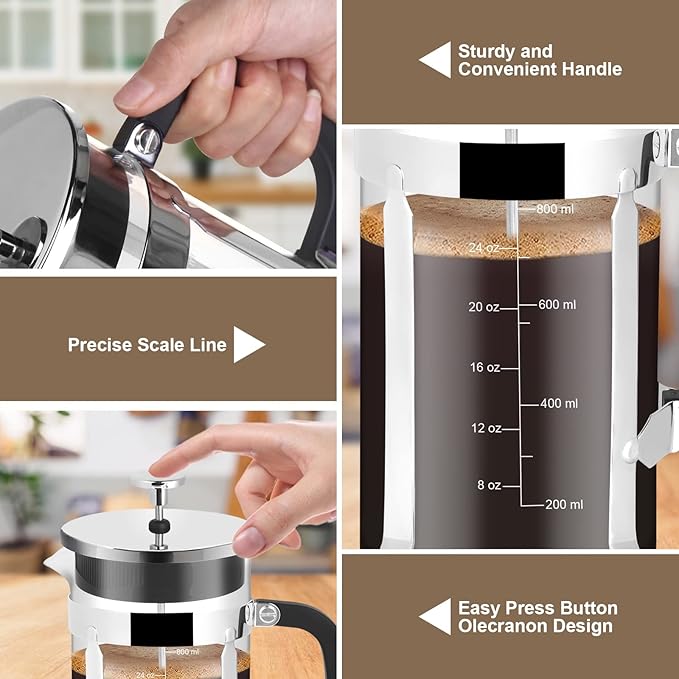 Nukeekee French Press Coffee Maker,34oz 304 Stainless Steel with 2 Filter, Heat Resistant Durable, Easy to Clean, Borosilicate Glass Press, BPA Free Glass TeaPot-34 Ounce 1 Liter (Chrome)