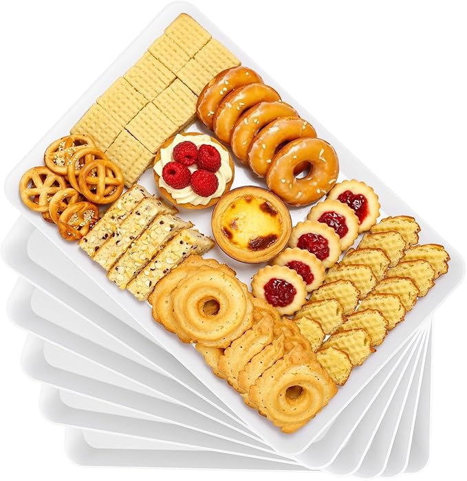 6-Pack Serving Tray, Serving Platter for Parties, Entertaining, Camping & Food Display, Reusable & Stackable Plastic Trays in Kitchen, Rectangular Food Platters for Cookie, Appetizer(White)