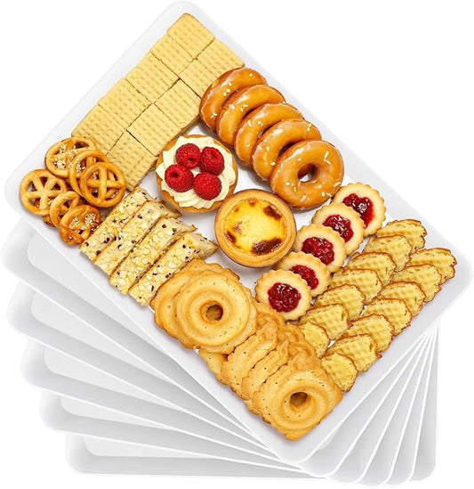 6-Pack Serving Tray, Serving Platter for Parties, Entertaining, Camping & Food Display, Reusable & Stackable Plastic Trays in Kitchen, Rectangular Food Platters for Cookie, Appetizer(White)