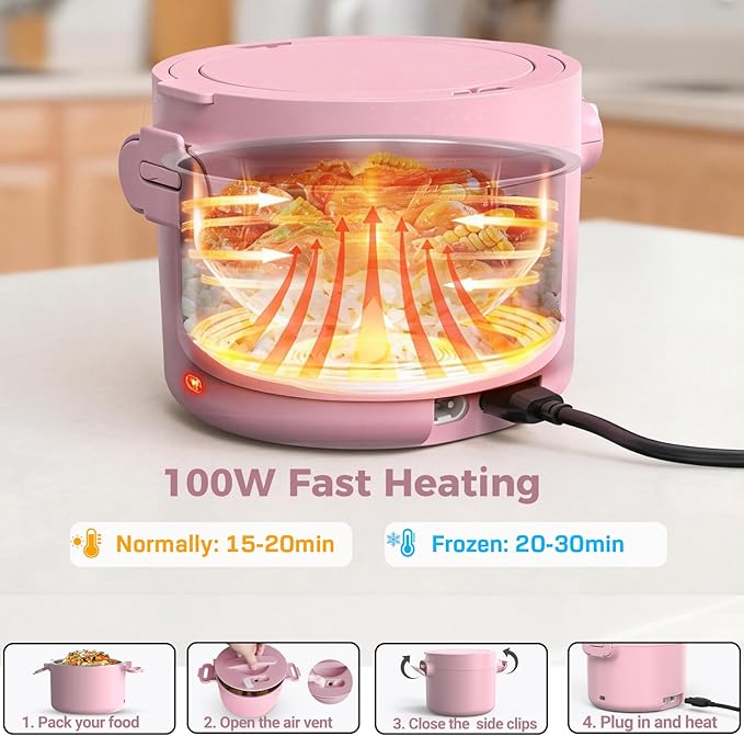 Electric Lunch Box, 33OZ Portable Food Warmer | 100W Rapid Heating & Leak-Proof 304 Stainless Steel | 3-in-1(Car 12V/24V & Home 110V) | Perfect for Work/Travel,On-the-Go,Ideal Gift for Men & Women