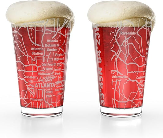 Greenline Goods – Atlanta, GA Map Pint Beer Glasses (Set of 2), 16 oz – Etched Wrap Design