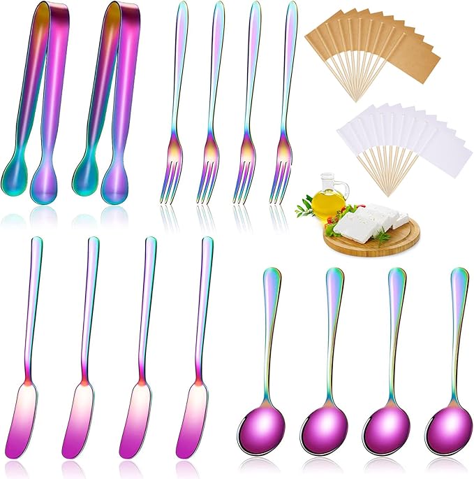 Patelai Charcuterie Boards Accessories Charcuterie Utensils Set Cheese Butter Spreader Knives Stainless Steel Mini Serving Tongs Spoons Forks and Toothpick Flags for Appetizers Pastry(Rainbow Color)