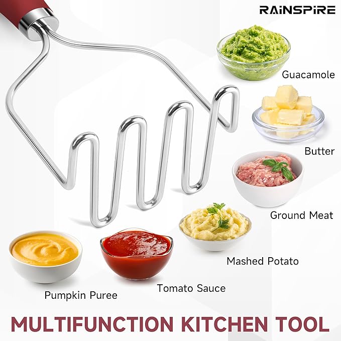 Rainspire Potato Masher Stainless Steel, Mashed Potato Masher Kitchen Tool, Durable Mash Potatoes Masher, Soft Non-slip Handle, Kitchen Utensils, Kitchen Gadgets, Red