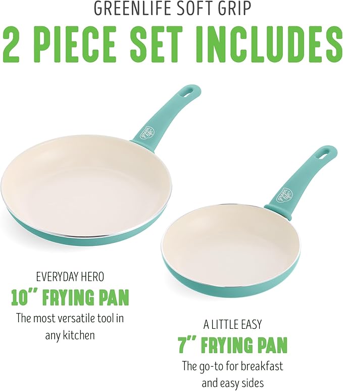 GreenLife Soft Grip Healthy Ceramic Nonstick 7" and 10" Frying Pan Set, Non Toxic PFAS & PFOA-Free, Dishwasher Safe, Egg Omelet Skillet, Cookware for Easy Cooking, Kitchen Essentials, Turquoise
