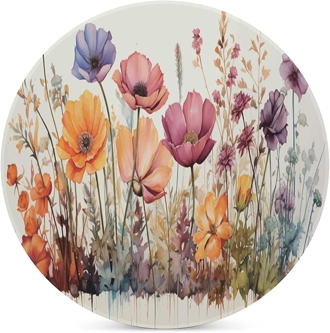 Floral Drink Coasters, Round Ceramic Drink Coaster Round-4PCS, Watercolour Abstract Floral Beautiful Florets Design Decor Absorbent Ceramic Coasters for Beverage Cup, Bar, Coffee Table