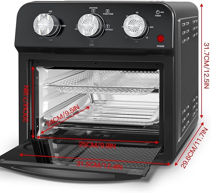 PlumChef 13 Quart 4 Slices Air Fryer Convection Toaster Oven for 3-4 Family, 1500W, Multifunction Oven for Air Fryer, Gril, Defrost, Bake, Time and Temperature Controls (Black)