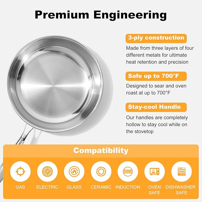 Ranbomer Stainless Steel Pan，Non-Toxic PFAS, PFOA & PTFE Free, Compatible With All Cooktops & Induction Safe, Oven Safe Pan for Searing & Sautéing, Long Lasting Cookware. (12 Inch)