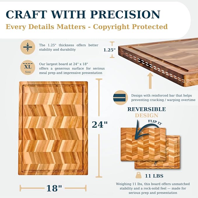 Bearchop Herringbone Acacia Wood Cutting Boards for Kitchen, Butcher Block with 4-Side Reinforced Bar for Anti Crack/Warp,[24"x18"x1.25"] Extra Large Cutting Boards with Gift Box, Juice Groove, Handle