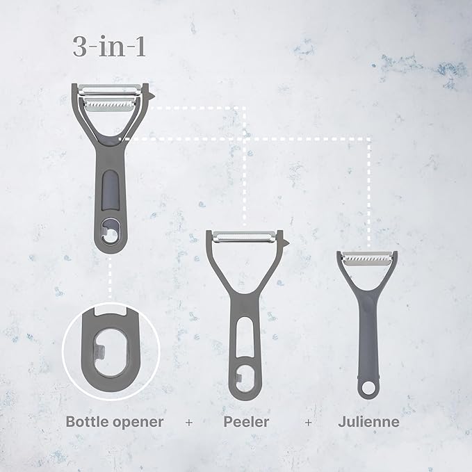 3 in 1 Vegetable Peeler – Julienne Slicer with Bottle Opener and Built-in Eye Remover – Stainless Steel Blade with Comfortable Handle – Potato, Cabbage, and Carrot Peeler for Kitchen – Grey