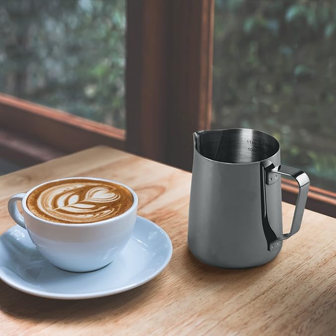 Zulay Milk Frother Cup 350ml/600ml/950ml (12oz/20oz/32oz) - Stainless Steel Frothing Pitcher With Laser-Welded Handle & Precise Measurement Markings - Black - 12oz (Pack of 2)