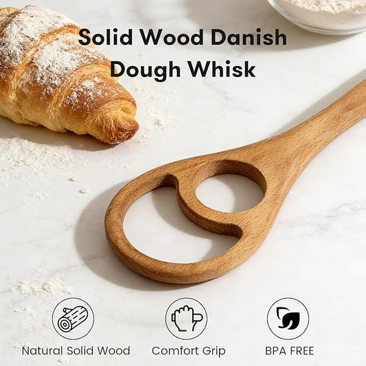 Danish Dough Whisk - 12.6" Solid Beech Wood Bread Whisk for Batter, Pizza Dough & Baking - Upgraded One-Piece Sourdough Whisk with Flow-Through Design-2 Pack