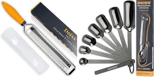 Deiss PRO Lemon Zester & Heavy Duty Cheese Grater & Vegetable Grater and Deiss PRO Heavy Duty Stainless Steel Measuring Spoons for Cooking Spices Dry or Liquid Ingredients