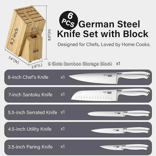 Cooks Standard Kitchen Knife Set with Block 6-Piece, Stainless Steel Forge High Carbon German Blade with Expandable Bamboo Storage Block for Extra Slots, White
