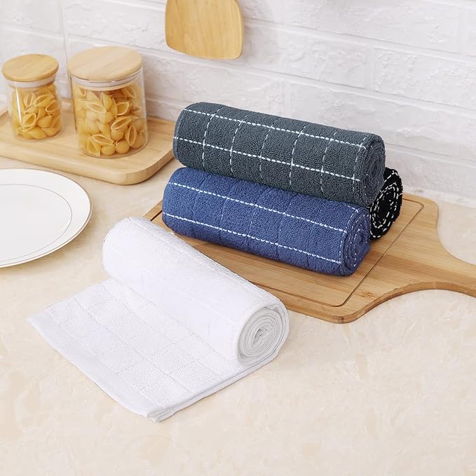 Mordimy 100% Cotton Terry Cloth Kitchen Towels, Super Soft and Absorbent Dish Towels for Drying, Checkered Designed Hand Towels for Kitchen, 16 x 26 Inches, 6 Pack, Black