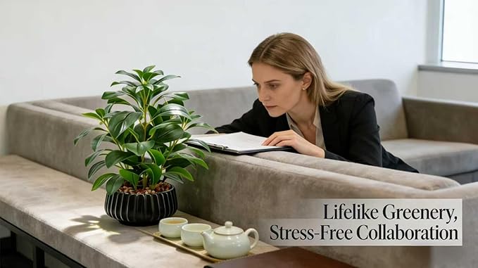 16" Artificial Peperomia Potted Plant in Black Ribbed Ceramic Planter Realistic Faux Green Leaves Tabletop Branches for Indoor Home Office Living Room Shelf Desk Decor
